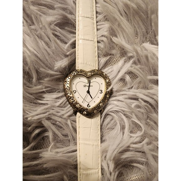 VINTAGE Brighton AUSTRIA Crystal Heart Face Watch HTF White Leather No Battery main image 4